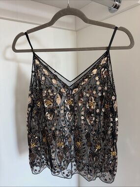 Beaded Black Sequin V-Neck Tank